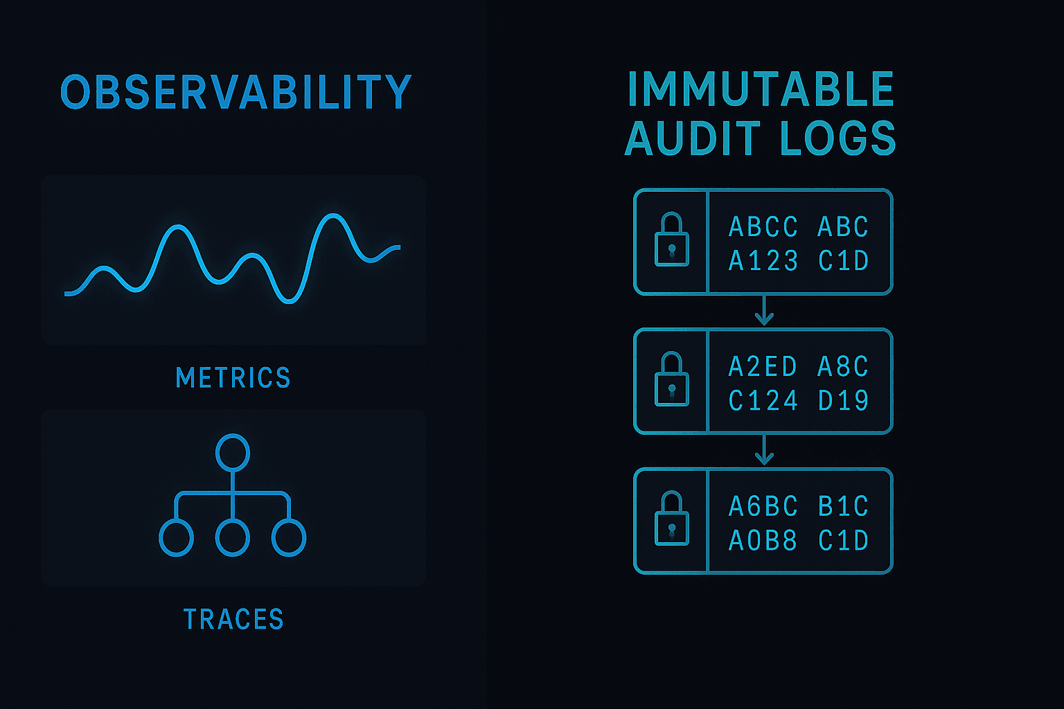 Abstract comparison of observability signals vs immutable audit logs
