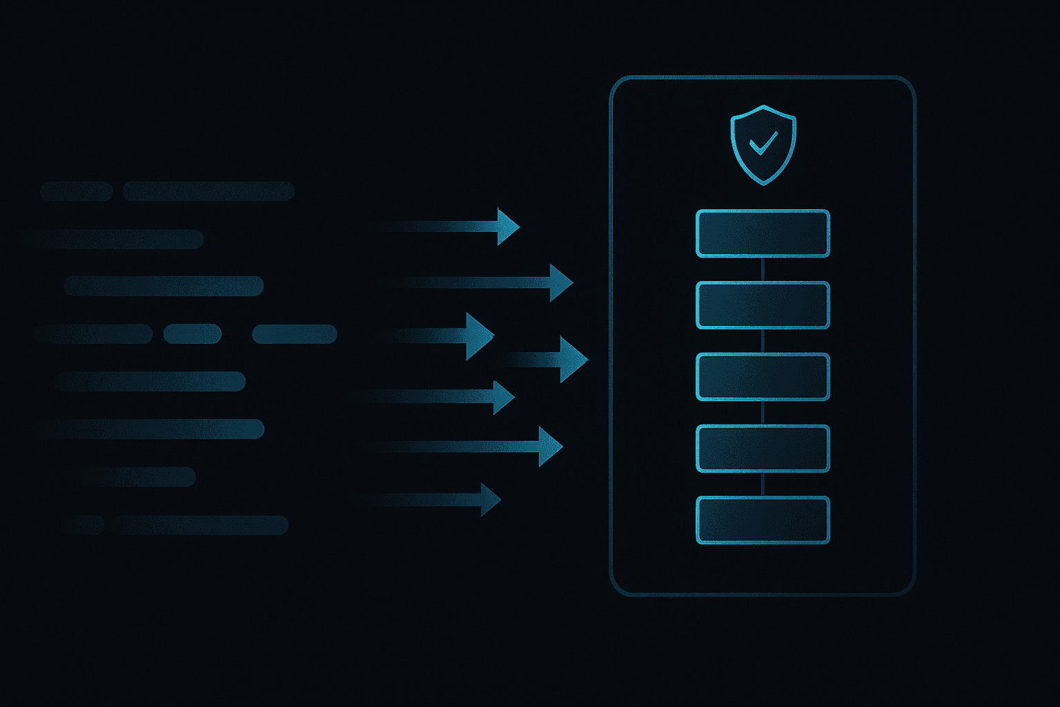 Abstract illustration of raw logs transforming into structured audit evidence