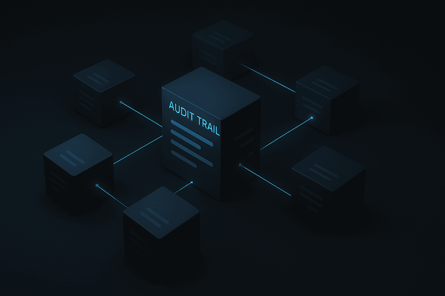 Abstract digital ledger blocks connected in a glowing audit trail chain